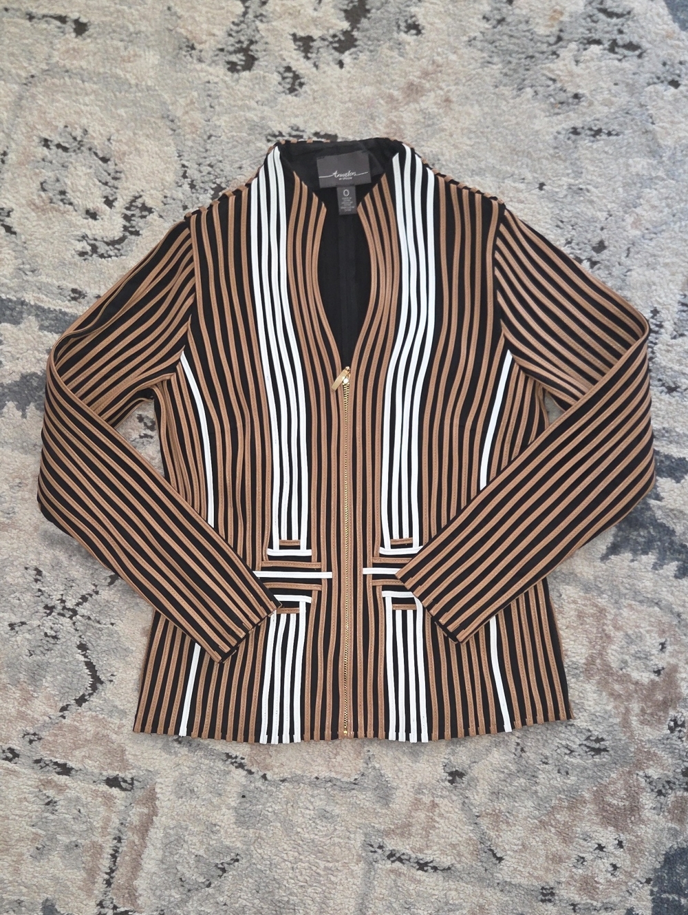 Travelers By Chico's Brown, Black and White Striped Zip-Front Blazer